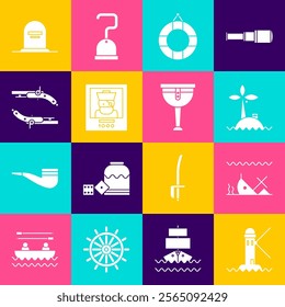 Set Lighthouse, Sunken ship, Tropical island in ocean, Lifebuoy, Wanted poster pirate, Vintage pistols, Tombstone with RIP written and Wooden leg icon. Vector