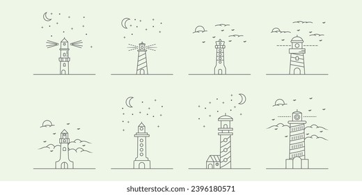set lighthouse vintage icon logo minimalist line art illustration design from coastline