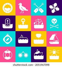 Set Lighthouse, Yacht Sailboat, Skull On Crossbones, Paddle, Periscope, Location With Anchor, Ship Porthole And Sinking Cruise Ship Icon. Vector