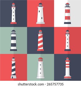 Set of lighthouses icons in modern flat style