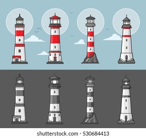 Conjunto de ilustraciones de faros en color y estilo monocromo