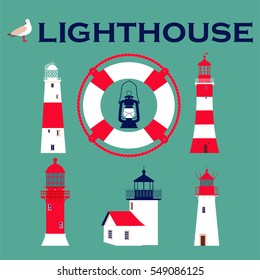 Set of lighthouses with lifebuoy, seagull and board lantern. Vector illustration.   