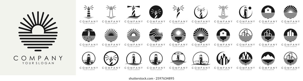 set of Lighthouses and ocean logo design. vector illustration