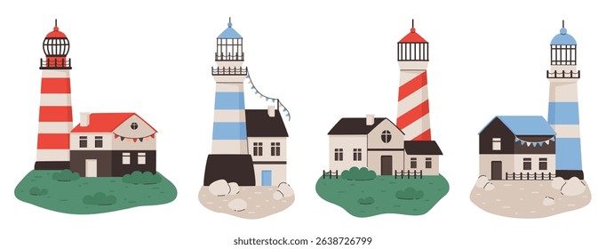 Set of lighthouses on the coast. Cute houses near the lighthouse. Flat vector illustration.