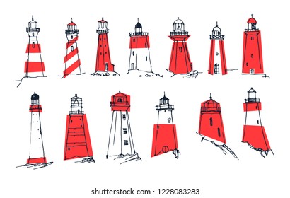 Set of lighthouses on a white background. Line sketch. Drawn vector illustration.