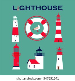 Set of lighthouses with seagull and lifebuoy. Vector illustration.