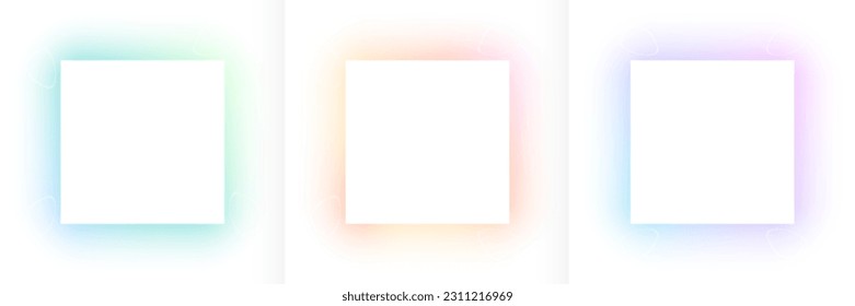 Set of lighting blue, pink-purple and green square frames on white background. Abstract 3D cosmic color backdrop. Collection of glowing neon color on geometric background with copy space. Top view. - Shutterstock ID 2311216969