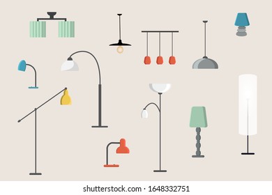 A set of lighting devices, various pendant lamps, floor lamps, table lamps. Vector illustration in a flat style.