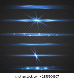 Set of lighting effect. Blue lines with highlights, sparkles. Glowing streaks motion speed. Flashes and glares. Neon glowing blue line with lens flare effect. Bright rays of light. Vector illustration