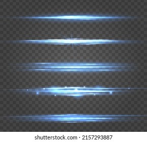 Set of lighting effect. Blue lines with highlights, sparkles. Glowing streaks motion speed. Flashes and glares. Neon glowing blue line with lens flare effect. Bright rays of light. Vector illustration