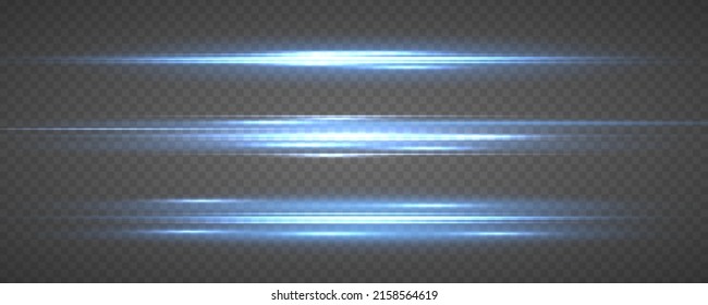 Set of lighting effect. Blue lines with highlights, sparkles. Glowing streaks motion speed. Flashes and glares. Neon glowing blue line with lens flare effect. Bright rays of light. Vector illustration