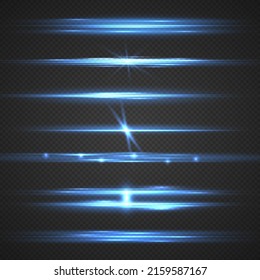 Set of lighting effect. Blue lines with highlights, sparkles. Glowing streaks motion speed. Flashes and glares. Neon glowing blue line with lens flare effect. Bright rays of light. Vector illustration