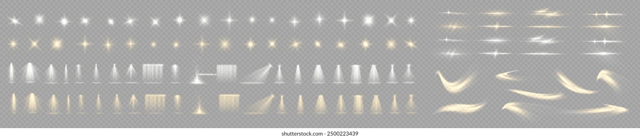 Set of lighting effects effect, beam, sparkle, line, glow, white. Glow abstract isolated curve lens of light effects. Lens flare, explosion, sparkle, line, vortex ray, sparks and stars, spotlight