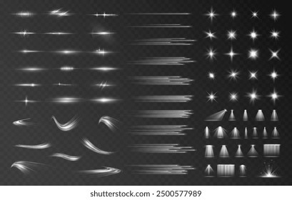 Set of lighting effects effect, beam, sparkle, line, glow, white. Glow abstract isolated curve lens of light effects. Lens flare, explosion, sparkle, line, vortex ray, sparks and stars, spotlight