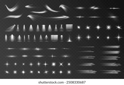 Set of lighting effects effect, beam, sparkle, line, glow, white. Glow abstract isolated curve lens of light effects. Lens flare, explosion, sparkle, line, vortex ray, sparks and stars, spotlight