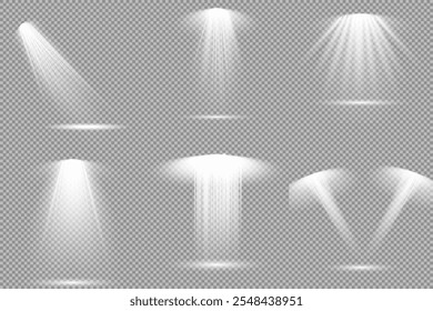 Set of lighting effects effect, beam, sparkle, line, glow, white. Glow abstract isolated curve lens of light effects. Lens flare, explosion, sparkle, line, vortex ray, sparks and stars, spotlight