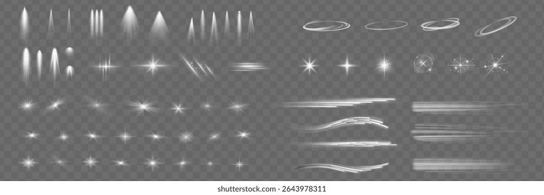 Set of lighting effects effect, beam, sparkle, line, glow, white. Glow abstract isolated curve lens of light effects. Lens flare, explosion, sparkle, line, vortex ray, sparks and stars, spotlight