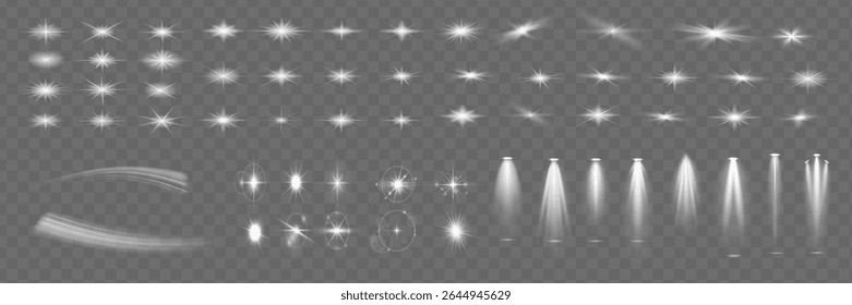 Conjunto de efeitos de iluminação efeito, viga, brilho, linha, brilho, branco. Lente de curva isolada abstrata de brilho de efeitos de luz. Exacerbação da lente, explosão, faísca, linha, raio de vórtice, faíscas e estrelas, holofote