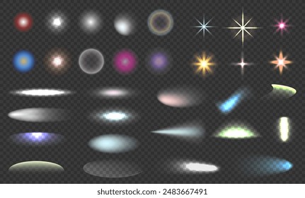 Set of lighting effects of flash. Glitter shining stars, glowing spark. Light beam, rays. Lens flares