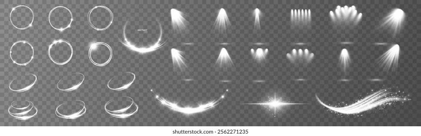 Set of lighting effects. Glow isolated white transparent light effects set, lens flare, explosion, sparkle, line, solar flare, sparks and stars, spotlight, swirl curve.