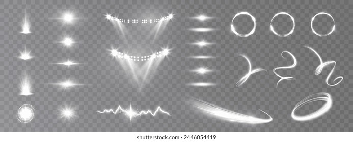 Satz von Lichteffekten. Glühende isolierte Menge von hellen transparenten Lichteffekten, Blendung, Sterne, funkeln, Portal, Linie, Scheinwerferlicht glühen, Sonneneruption, Funken und Sterne, gekrümmte glühende Linie. 