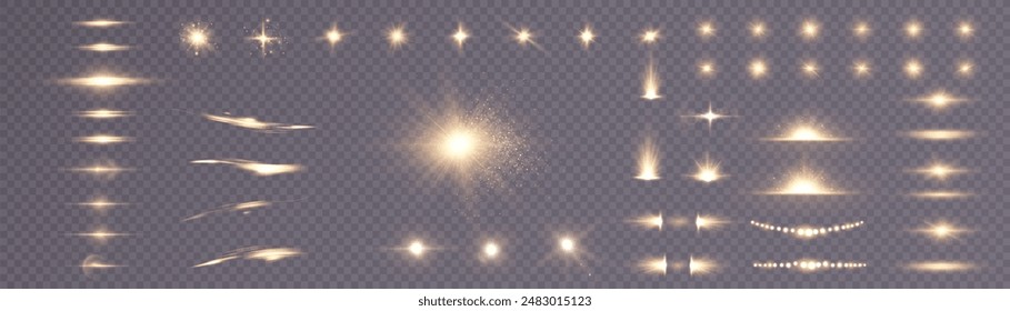 Set of lighting effects. Glowing isolated set of yellow transparent light effects, glare, explosion, sparkle, line, solar flare, spark and stars, curve. Sunlight, abstract special effect.