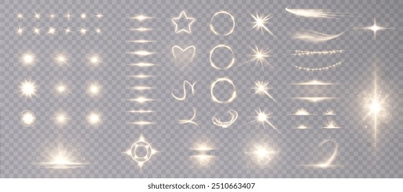 Set of lighting effects. Glowing isolated set of yellow transparent light effects, glare, explosion, sparkle, line, solar flare, spark and stars, curve. Sunlight, abstract special effect.	
