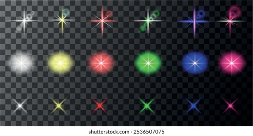Set of lighting effects. Glowing isolated set of colorful transparent light effects, glare, explosion, sparkle, line, solar flare, spark and stars, curve. Sunlight, abstract special effect