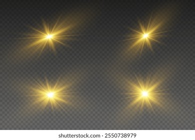 Conjunto de efectos de iluminación y destellos de lentes, explosión de estrellas y luz. Sobre un fondo transparente.