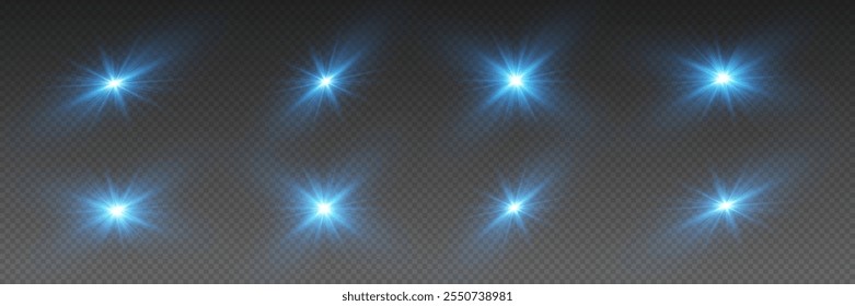 Conjunto de efeitos de iluminação e clarões de lente, explosão de estrelas e luz. Em um fundo transparente.