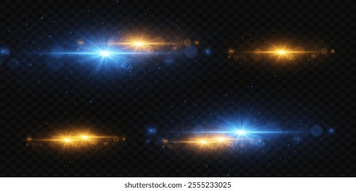 A set of lighting effects and lens flares, bright glare of stars and light. On a transparent background.