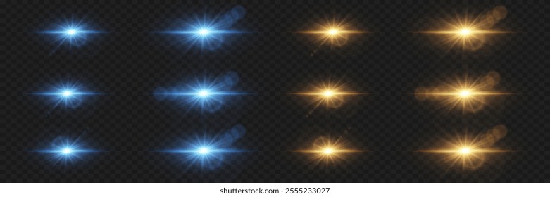 A set of lighting effects and lens flares, bright glare of stars and light. On a transparent background.