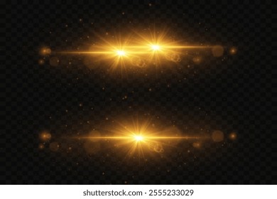 A set of lighting effects and lens flares, bright glare of stars and light. On a transparent background.