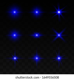A set of lighting effects, lights and sparks. Blue light on a transparent background. Bright blue flashes and highlights.Vector illustration eps 10.