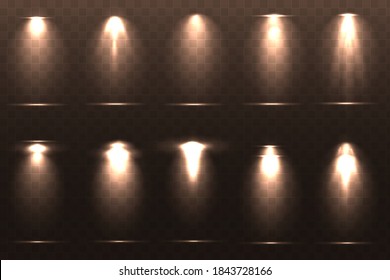 Set of lighting effects. Spotlights illuminate stage, podium. Glowing light effect with golden rays and beams. Scene lighting large collection, transparent effects. Vector illustration