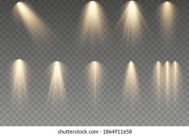 Set of lighting effects. Spotlights illuminate stage, podium. Set of Spotlight isolated