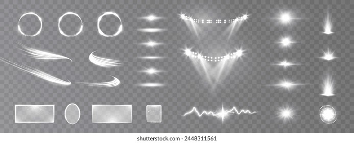 Set of lighting effects. Sun, stars and glare of bright glowing light, spotlight, frames, light swirl for advertising and game design isolated on transparent background. Glow effect. Vector