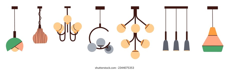 A set of lighting fixtures for home decor. Decorative chandeliers . Diverse lighting for interior design.