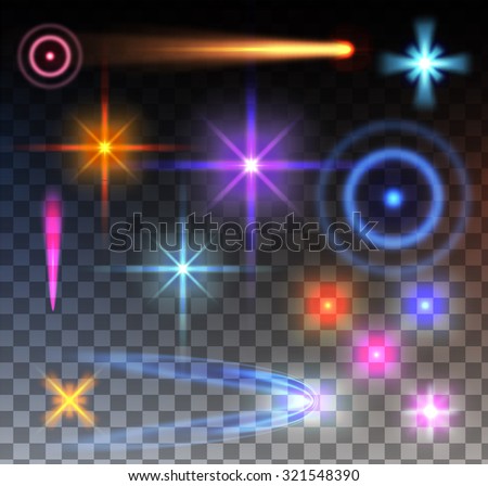 Set of lighting flare. Glow lens flare elements. Transparent background.