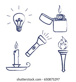 set lighting in grunge style lightbulb cigarette lighter wax candle flashlight torch