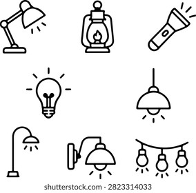 Set of lighting icons and lamps with lighting flashlight electricity interior