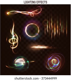 Set of lighting isolated effect. Sparks of fire. Sparks natural realistic light effect. Magic bright, Shining patches. bright glowing sparks of fire. vector illustration