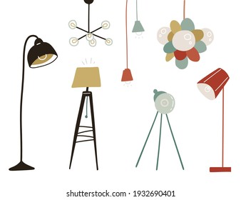 Set of lighting lamp illustration. hand drawn floor lamp, pendant. Scandinavian interior design elements. Flat vector hand drawn illustration