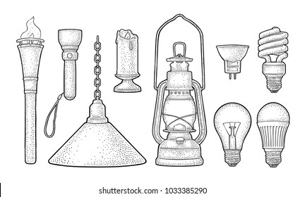 Set lighting object. Torch, candle, flashlight, retro gas lamp, light incandescent bulb, halogen, cfl, led. Vector vintage black engraving illustration on white background. Hand drawn design element