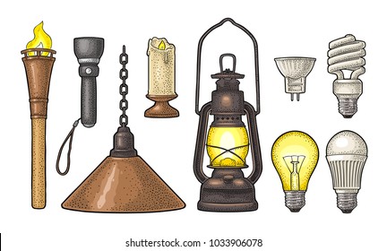 Set Lighting Object. Torch, Candle, Flashlight, Retro Gas Lamp, Light Incandescent Bulb, Halogen, Cfl, Led. Vector Vintage Color Engraving Illustration On White Background. Hand Drawn Design Element