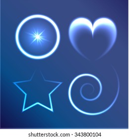 Set of lighting symbols. Circle heart star and spiral. Vector freezelight design elements