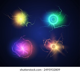 Set of lightning balls. Glowing electric sparks, multi-colored, isolated on a dark background. A bright bolt of lightning. A powerful surge of magical energy. Plasma glow. Vector illustration.