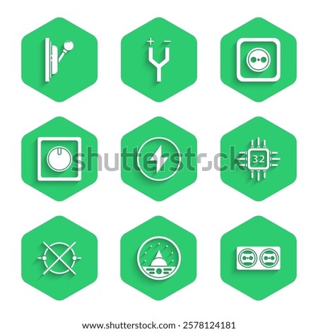 Set Lightning bolt, Ampere meter, multimeter, voltmeter, Electrical outlet, Processor with microcircuits CPU, scheme, light switch,  and panel icon. Vector