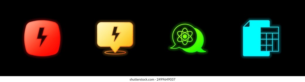 Set Lightning bolt, Atom and Calculator icon. Vector