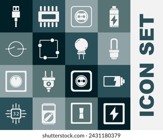 Blitzschraube, Batterieladestandanzeige, LED-Glühbirne, Steckdose, Schaltplan, USB-Kabel und emittierendes Diodensymbol einstellen. Vektor